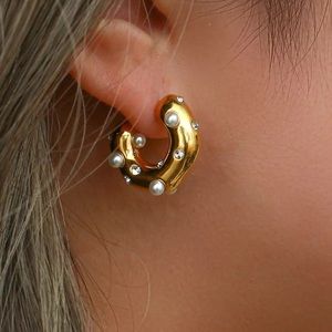 Chunky Pearl and Gold Tone Hoop Earrings